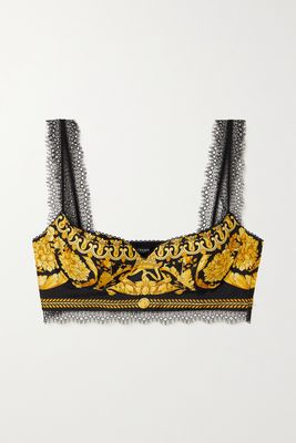 Versace - Lace-trimmed Printed Silk-twill Bralette - Black