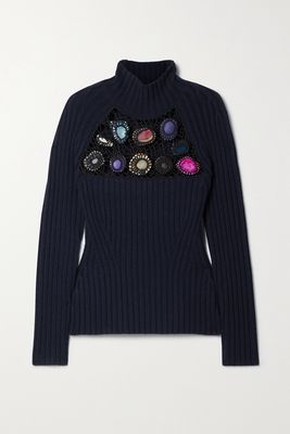 Gabriela Hearst - Joven Embellished Cutout Ribbed Cashmere Turtleneck Sweater - Blue
