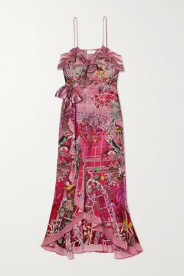Camilla - Crystal-embellished Ruffled Printed Silk Crepe De Chine Wrap Dress - Pink