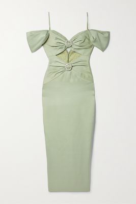 RASARIO - Off-the-shoulder Embellished Lace-paneled Satin-crepe Midi Dress - Green