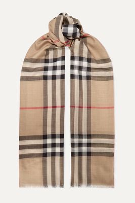 Burberry - Frayed Checked Wool And Silk-blend Scarf - Neutrals