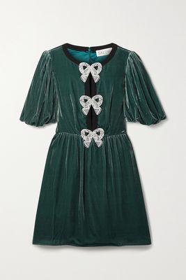 Saloni - Camille Bow-embellished Crepe-trimmed Velvet Mini Dress - Green