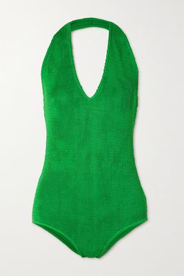 Bottega Veneta - Seersucker Halterneck Swimsuit - Green