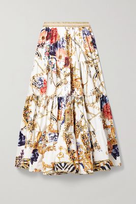 Camilla - Crystal-embellished Tiered Printed Cotton-poplin Maxi Skirt - White