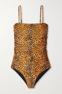 GANNI - Ruched Cheetah-print Recycled Swimsuit - Yellow