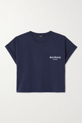 Balmain - Cropped Flocked Cotton-jersey T-shirt - Blue