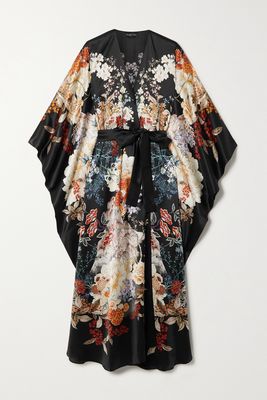 MENG - Belted Floral-print Silk-satin Robe - Black