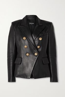 Balmain - Double-breasted Leather Blazer - Black