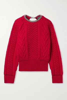 Bottega Veneta - Chain-embellished Open-back Cable-knit Wool Sweater - Red