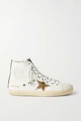 Golden Goose - Slide Distressed Metallic Leather-trimmed Canvas High-top Sneakers - Cream