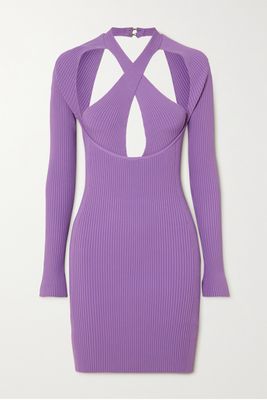 David Koma - Cutout Ribbed Stretch-knit Mini Dress - Purple