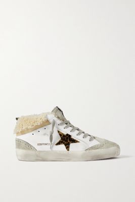 Golden Goose - Mid Star Shearling-lined Distressed Leopard-print Calf Hair, Leather And Suede Sneakers - White