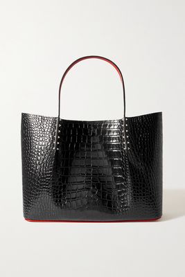Christian Louboutin - Cabarock Large Spiked Croc-effect Glossed-leather Tote - Black