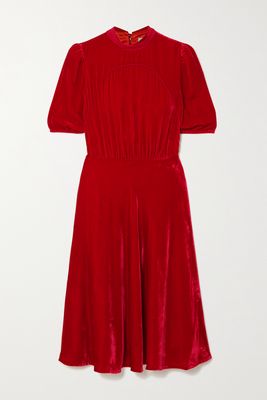 Saloni - Dahila Silk Chiffon-trimmed Velvet Midi Dress - Red