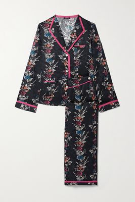 Morgan Lane - Mimi Martina Grosgrain-trimmed Floral-print Satin-jacquard Pajama Set - Black