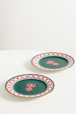 La DoubleJ - Set Of Two Gold-plated Porcelain Dessert Plates - Green