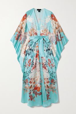 MENG - Belted Floral-print Silk-satin Robe - Blue
