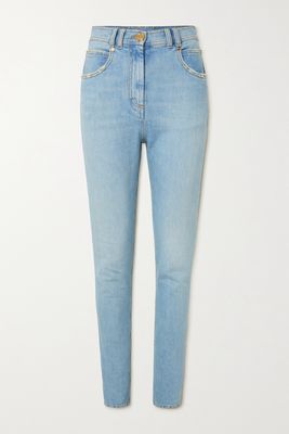 Balmain - Distressed High-rise Tapered Jeans - Blue