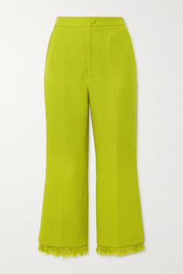 Huishan Zhang - Beverly Cropped Fringed Tweed Flared Pants - Green