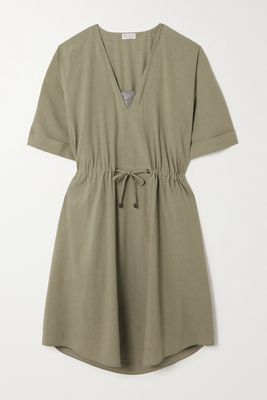 Brunello Cucinelli - Bead-embellished Gathered Linen-blend Mini Dress - Green
