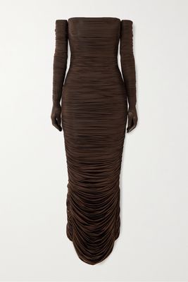 Alex Perry - Huntley Strapless Ruched Stretch-jersey Gown With Gloves - Brown