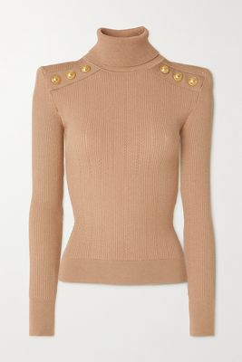 Balmain - Button-embellished Ribbed-knit Turtleneck Sweater - Brown
