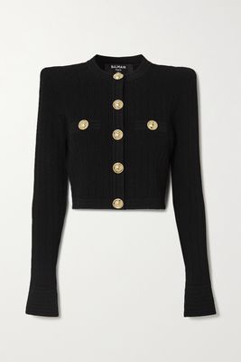 Balmain - Cropped Button-embellished Jacquard-knit Blazer - Black