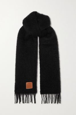 Loewe - Leather-trimmed Fringed Mohair-blend Scarf - Black
