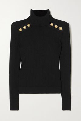 Balmain - Button-detailed Ribbed-knit Turtleneck Sweater - Black