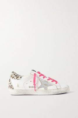 Golden Goose - Superstar Leopard-print Calf Hair-trimmed Distressed Leather Sneakers - White