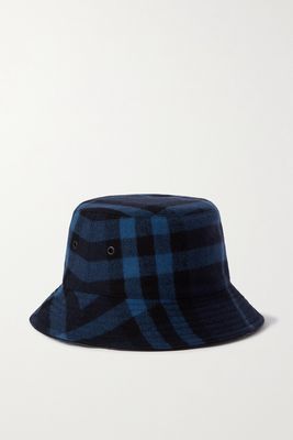 Burberry - Leather-trimmed Checked Wool And Cashmere-blend Bucket Hat - Blue
