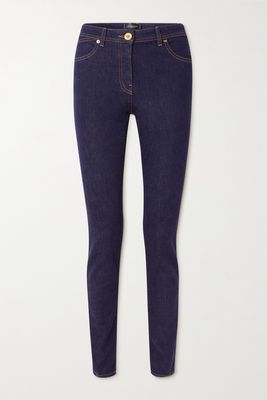 Versace - Printed Stretch-denim Straight-leg Jeans - Blue