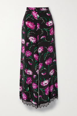 Rodarte - Lace-trimmed Floral-print Silk Crepe De Chine Wide-leg Pants - Black