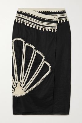 Johanna Ortiz - Shell-embellished Embroidered Linen And Cotton-blend Midi Wrap Skirt - Black