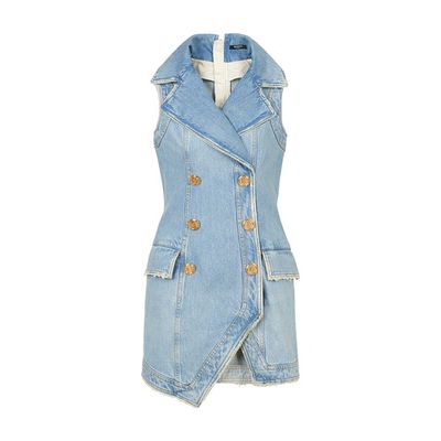 Short denim dress with double-buttoned fastening