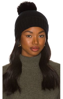 Hat Attack Cashmere Slouchy Cuff Beanie with Faux Fur Pom in Black.