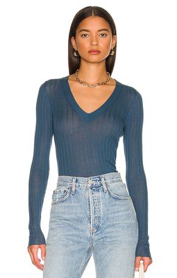 Autumn Cashmere Variegated Rib V Neck in Blue