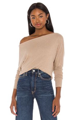 Enza Costa Cashmere Cuffed Off Shoulder Long Sleeve Top in Tan