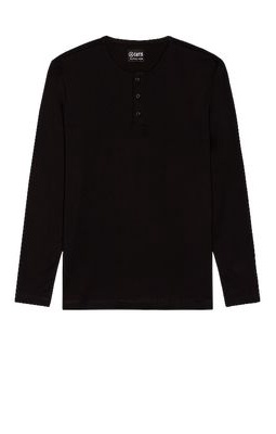 Cuts Long Sleeve Henley Curve Hem T-Shirt in Black