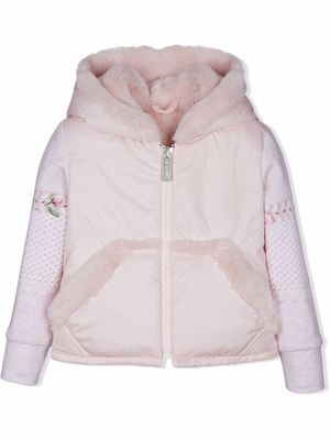 Lapin House hooded faux-fur knit-sleeve jacket - Pink