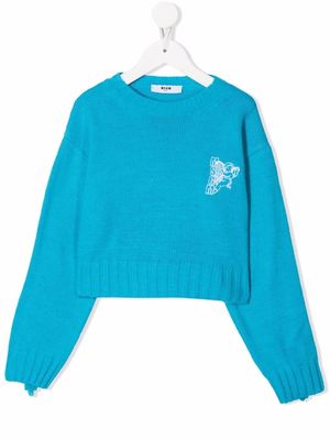 MSGM Kids embroidered-logo knitted sweater - Blue