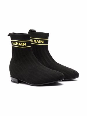 Balmain Kids TEEN logo-knit almond-toe ankle boots - Black