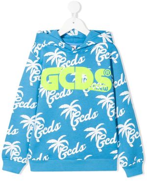 Gcds Kids logo-print cotton hoodie - Blue