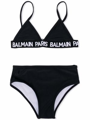 Balmain Kids logo-tape triangle cup bikini set - Black