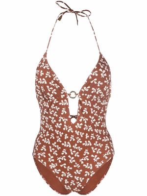 Tory Burch foliage-print tie-fastening swimsuit - Brown
