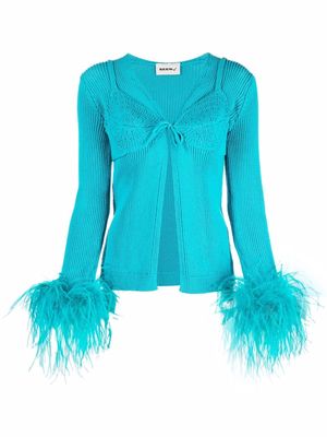 Seen Users feather-trim open-knit cardigan - Blue
