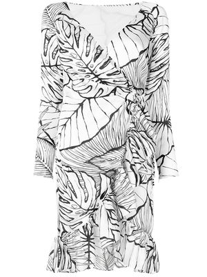 Marchesa Notte leaf pattern wrap dress - White