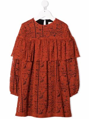 Andorine lace-pattern ruffled dress - Orange