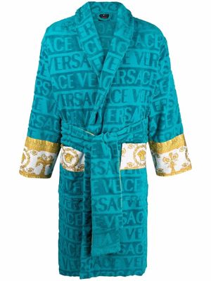 Versace logo-stripe towelling robe - Blue