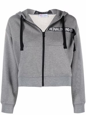 RED Valentino logo-panel cropped zip-front hoodie - Grey